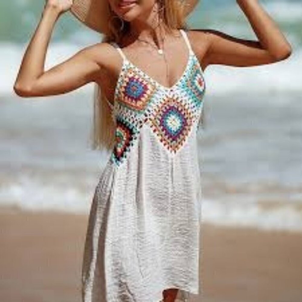Cupshe Crochet Hollow V-Neck Strappy Beach Dress Swimsuit Cover Up‎ Size Large